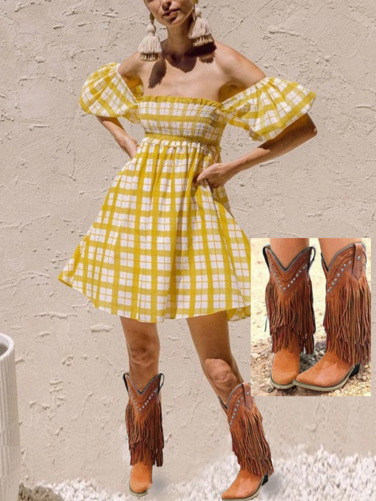 Spring 2022 Cowgirl Dresses Women Plaid Mini Dress Casual – ASHORE SHOP